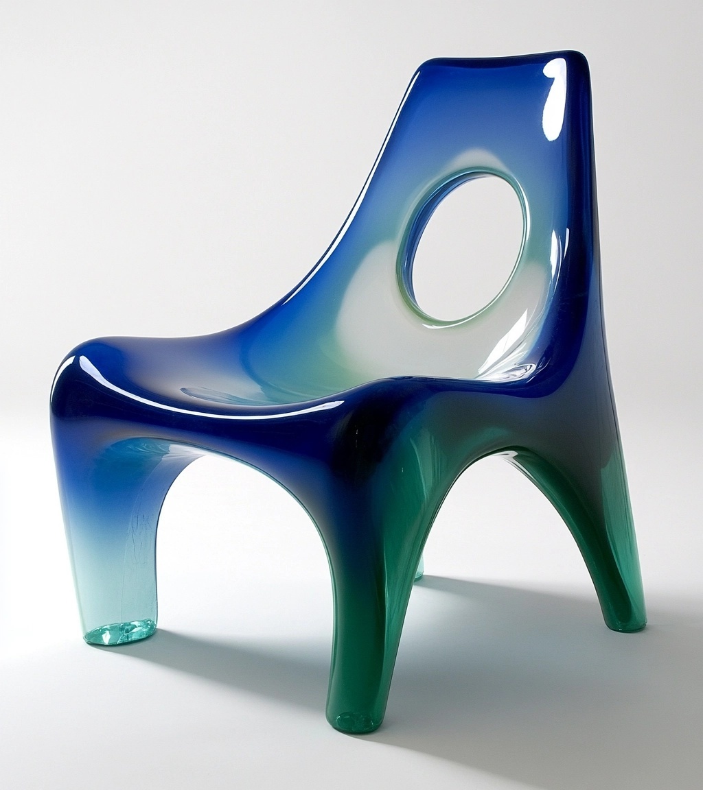 A translucent gradient chair sculpture in blue-green hues showcased in a minimalist studio with circular cutout.