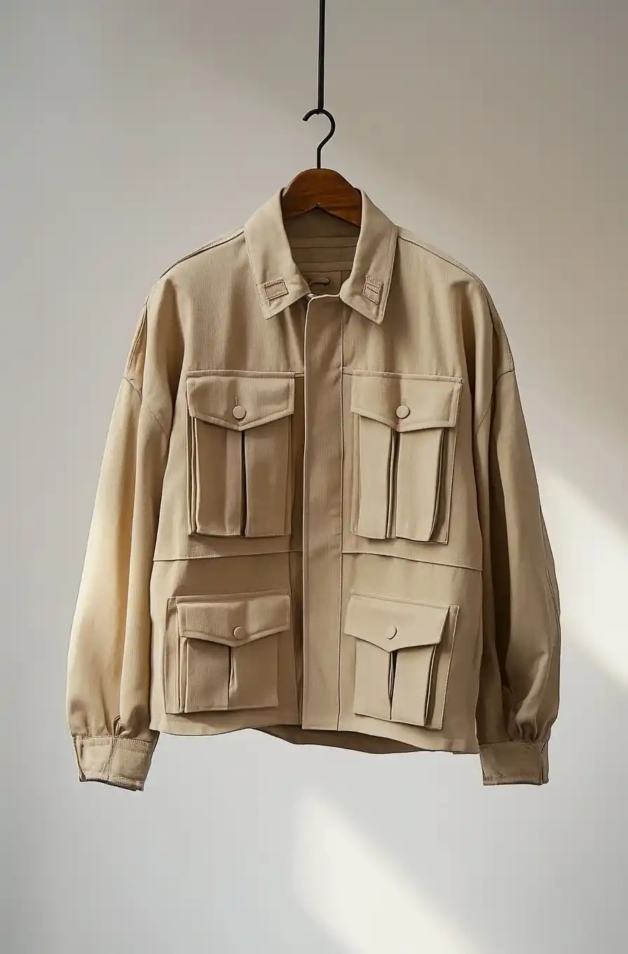 デザートユーティリティエディトリアル：構造的なポケット、温かみのある光、モダンストリートウェアシルエットを特徴とする砂色のミニマリストコレクション