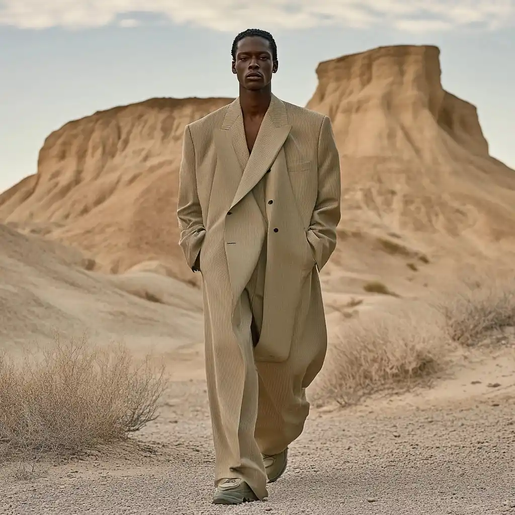 デザートユーティリティエディトリアル：構造的なポケット、温かみのある光、モダンストリートウェアシルエットを特徴とする砂色のミニマリストコレクション