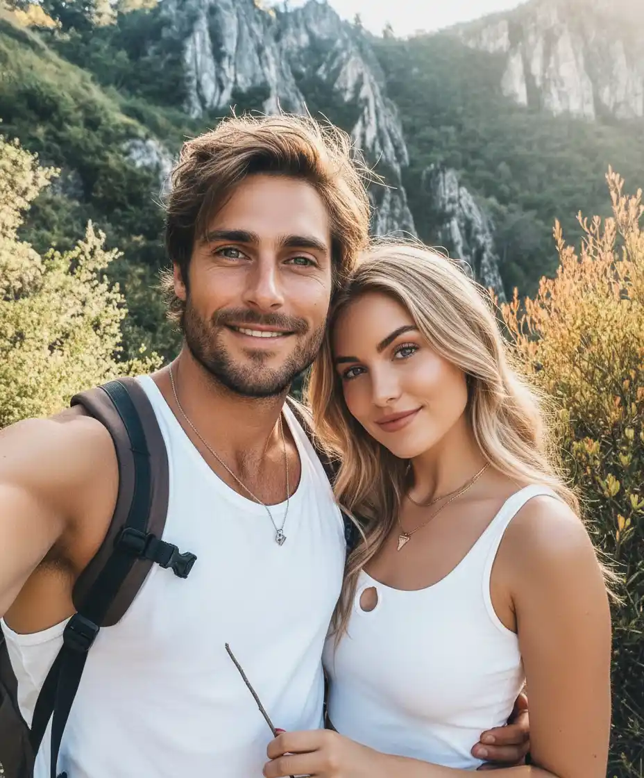 AI selfie with celebrities generator-Two Travelers in White: A Golden Hour Portrait Amid Mountain Pines, Cliffside Backdrop, and Warm Sunset Light.