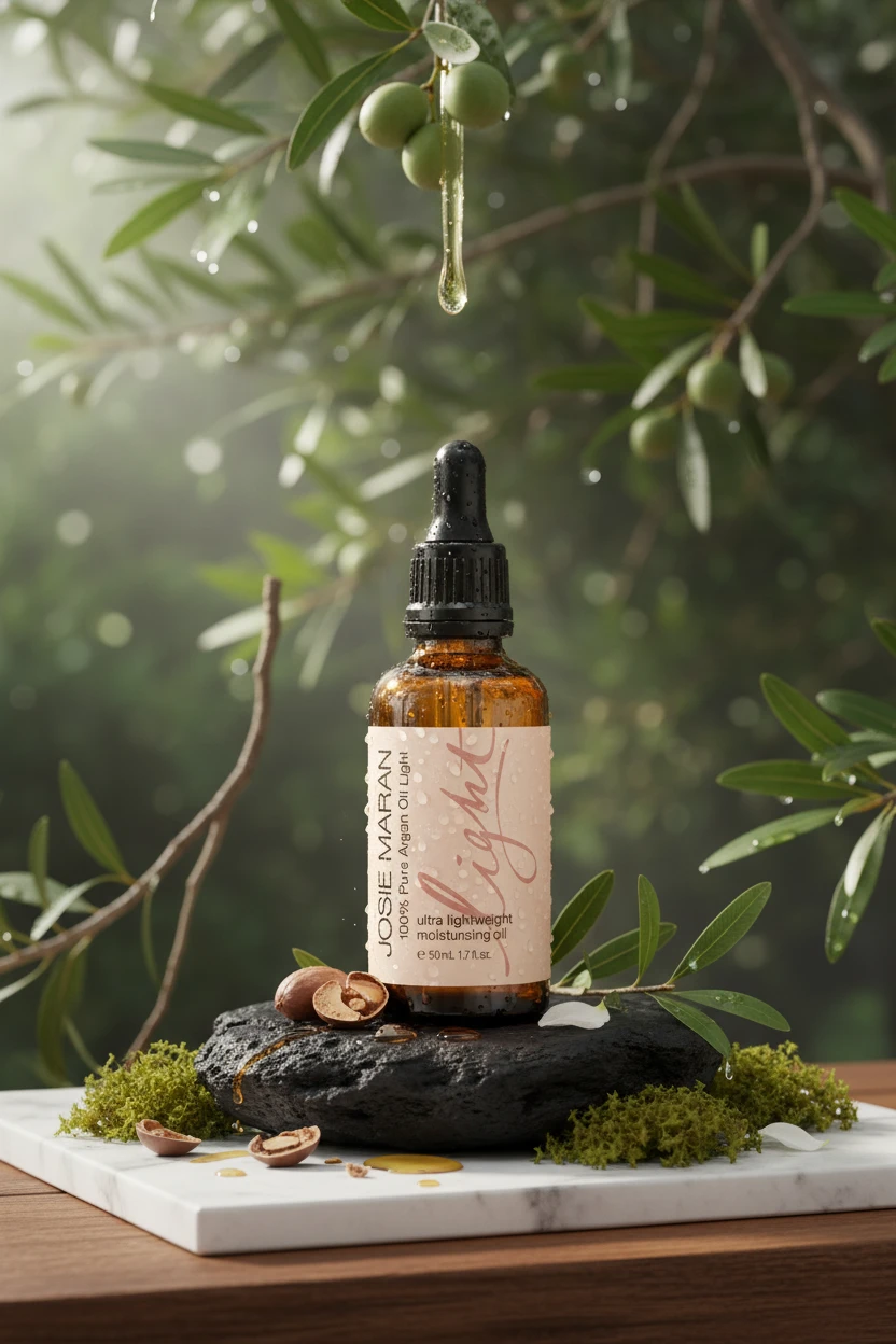 高級スキンケアブランド向け:オリーブの木立の中で輝くアルガンオイルライト – 純粋さ・自然・柔らかな光を強調