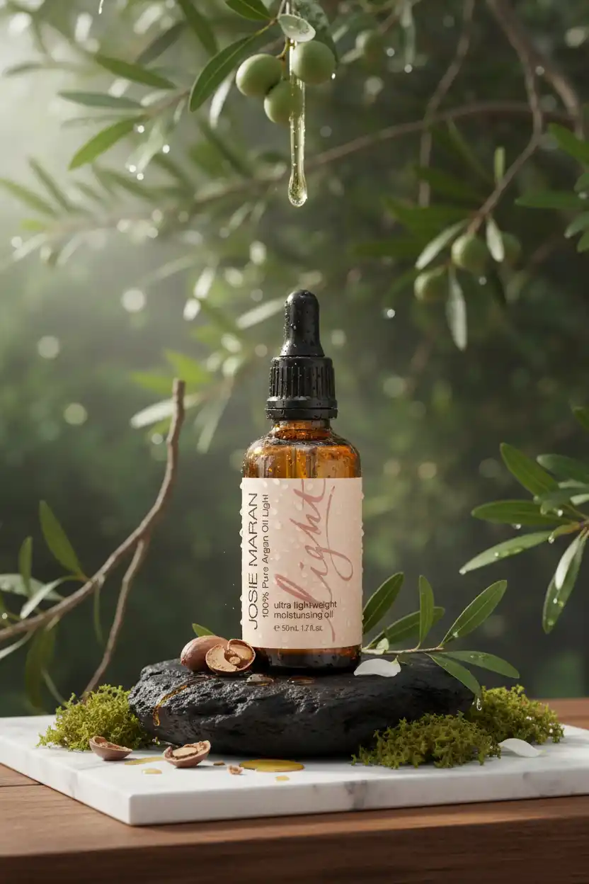 Luxurious Argan Oil Light in a Natural Olive-Grove Setting for Premium Skincare Branding, Emphasizing Purity, Nature, and Soft Illumination