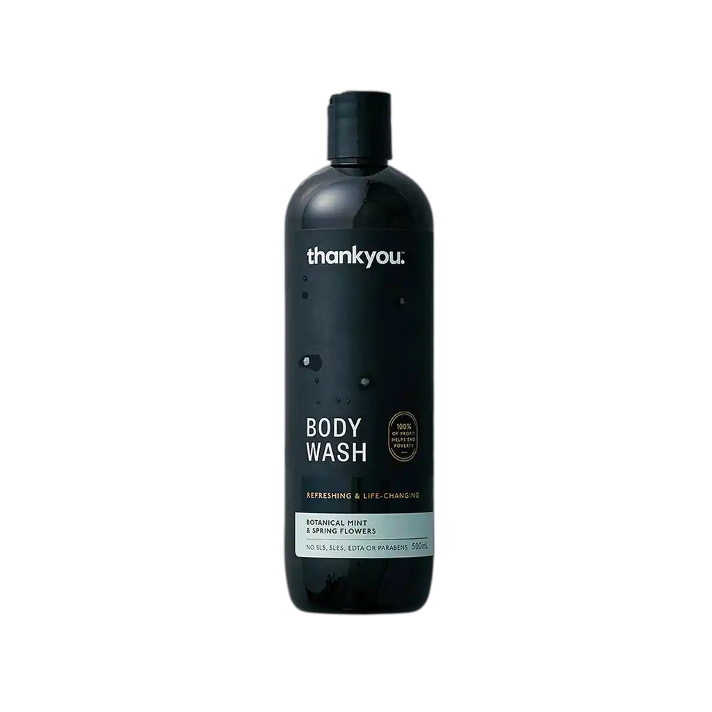 Background Removal-Studio-shot dark-blue Thankyou Body Wash bottle with minimalist label, water droplets, and premium branding against a black backdrop.