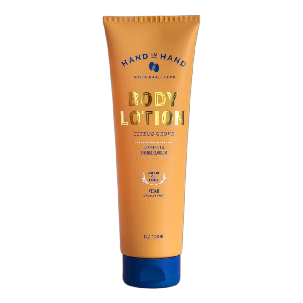 Background Removal-Premium Citrus Grove Body Lotion in Orange Tube with Gold Foil Letters and Navy Brand Accents