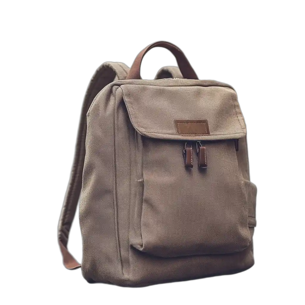 Background Removal-Rugged Beige Canvas Backpack with Leather Accents: Minimal Studio Portrait of a Vintage-Inspired Everyday Pack