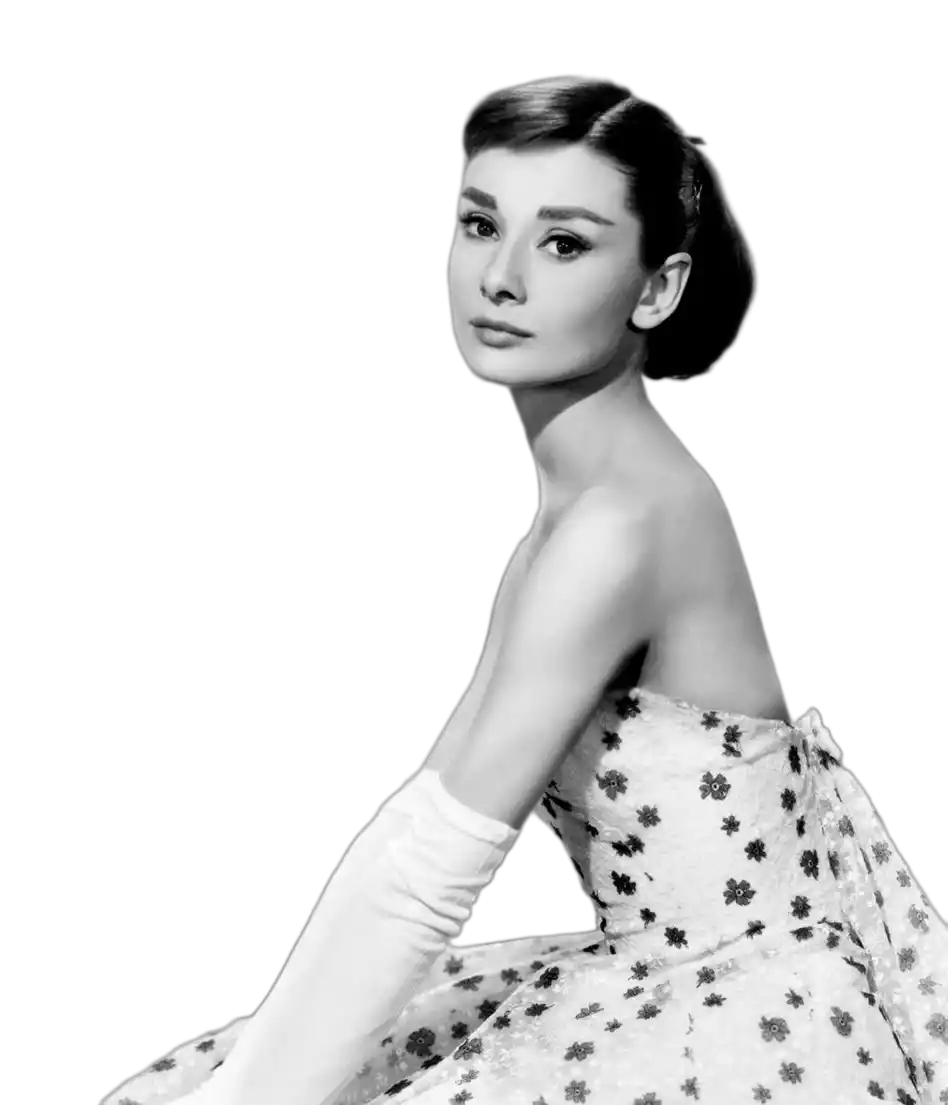 Background Removal-Elegant Vintage Noir: a timeless B&W portrait of a poised woman in a floral strapless gown with elbow-length gloves.