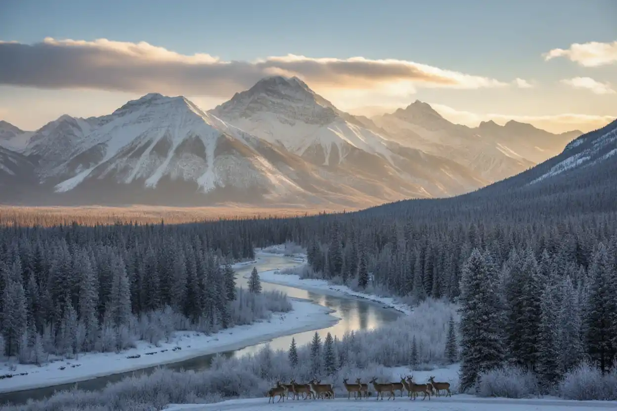 Watermark Removal Tool-A tranquil alpine winter scene with a deer herd along a winding river beneath snow-capped mountains.