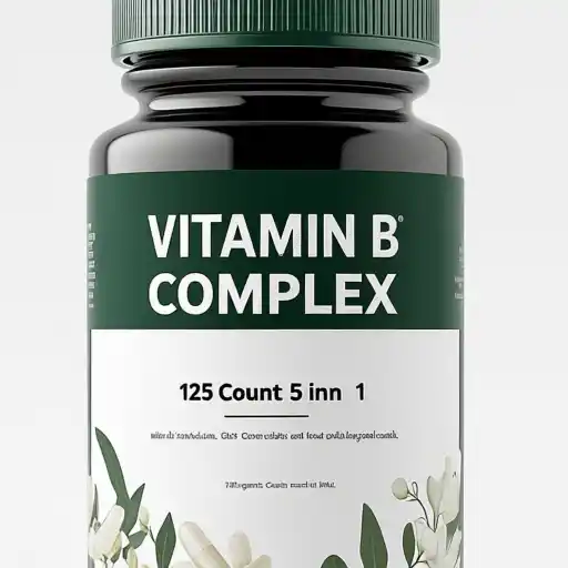 Replace text-Minimalist vitamin bottle branding with a green label and botanical accents, highlighting bold Vitamin B Complex typography.