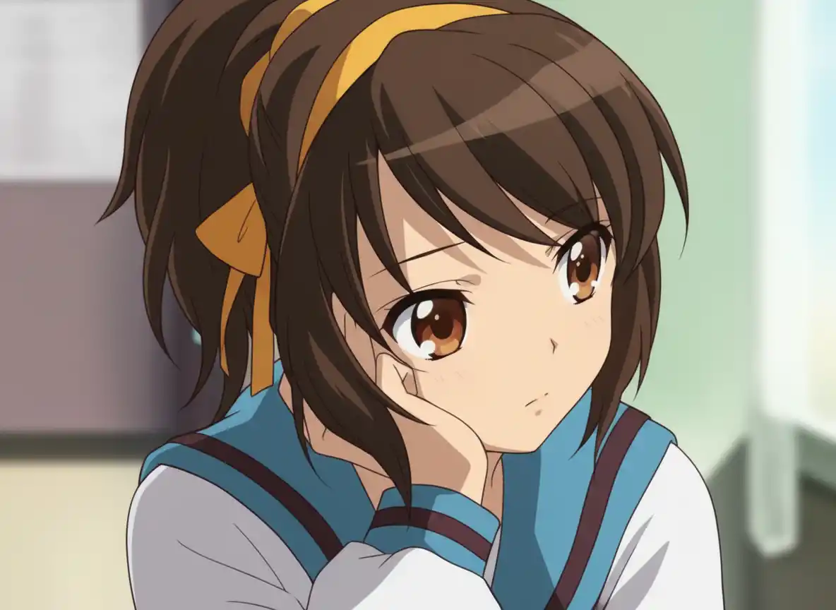 Lossless Resizing-A contemplative schoolgirl in a blue sailor uniform with a yellow ribbon, captured in a soft, anime-inspired moment.