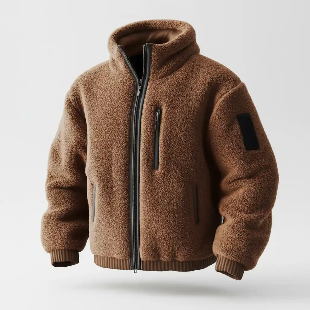 White Background-Premium sherpa fleece jacket in warm camel brown with zip pockets and rugged urban outdoor style
