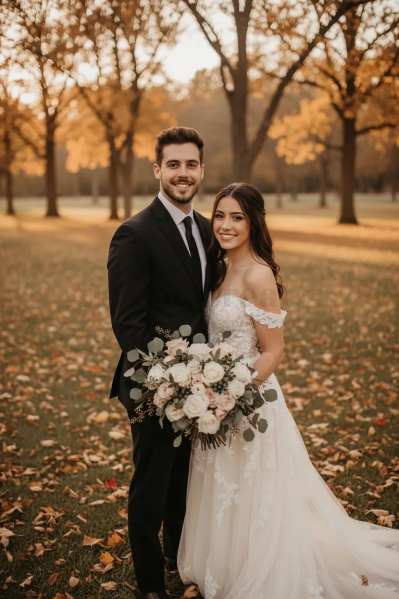 Wedding Photo Generator-Golden Hour Autumn Wedding Portrait: A Romantic Couple in a Park with Bouquets and Falling Leaves