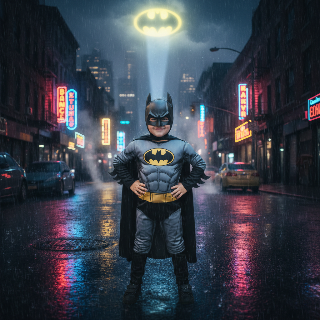 Image to image-Neon Bat Crest: A bold, rain-soaked city emblem featuring a muscular bat-symbol chest, glowing halo, and urban neon glow.