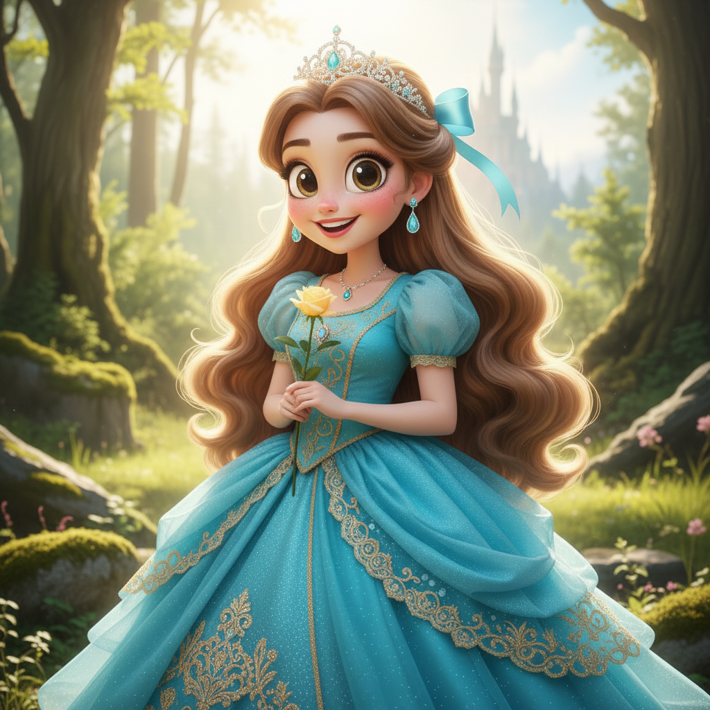 Image to image-Teal-gowned princess with a yellow rose, crowned by a jeweled tiara, set in a sunlit forest.