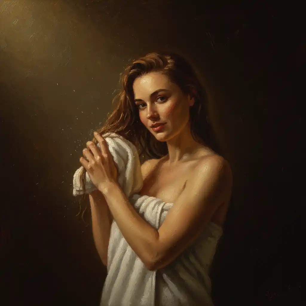 A soft-lit oil-portrait evoking timeless intimacy and classical realism with warm highlights against a dark, moody background.