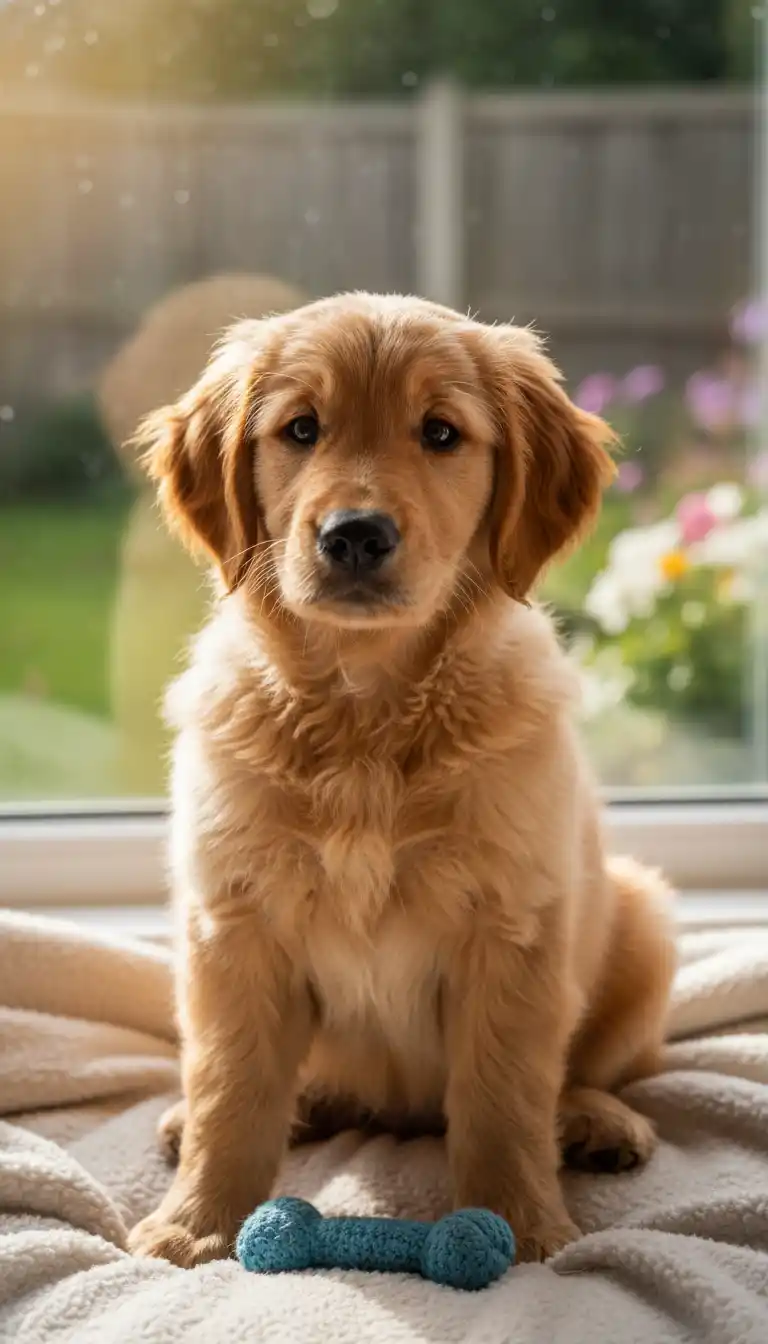 温かいタン色のパレットで、トーストをテーマにした帽子と編みマフラーを身に着けた、フレンドリーなゴールデンレトリバーのロゴ