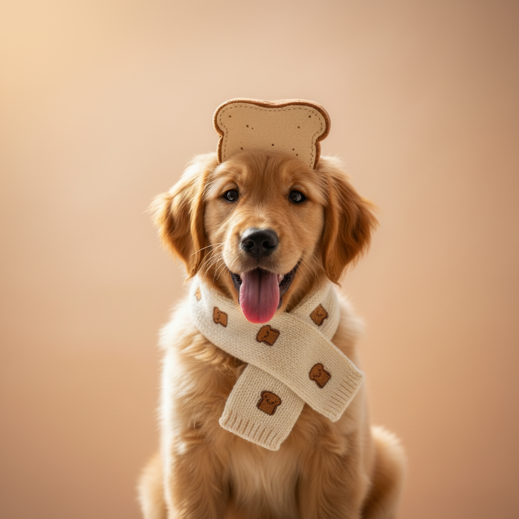 Fun Pet Portrait Photography-A Friendly Golden Retriever Logo with Bread-Themed Hat and Knit Scarf in Warm Tan Palette