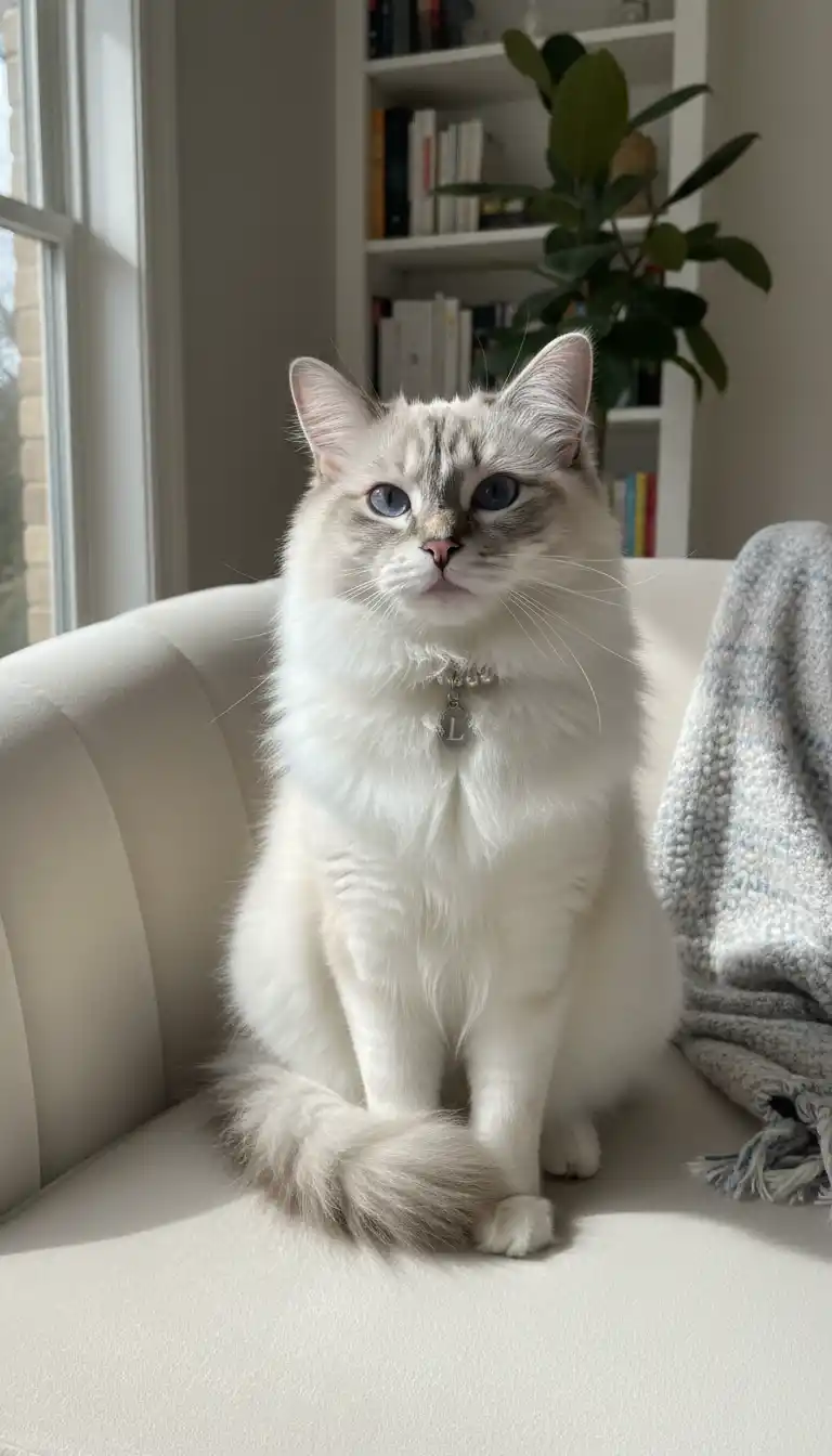 真珠のネックレスを身に着けた優雅な猫が、贅沢で洗練された魅力を放ち、プレミアムブランドのアイデンティティを構築しています。