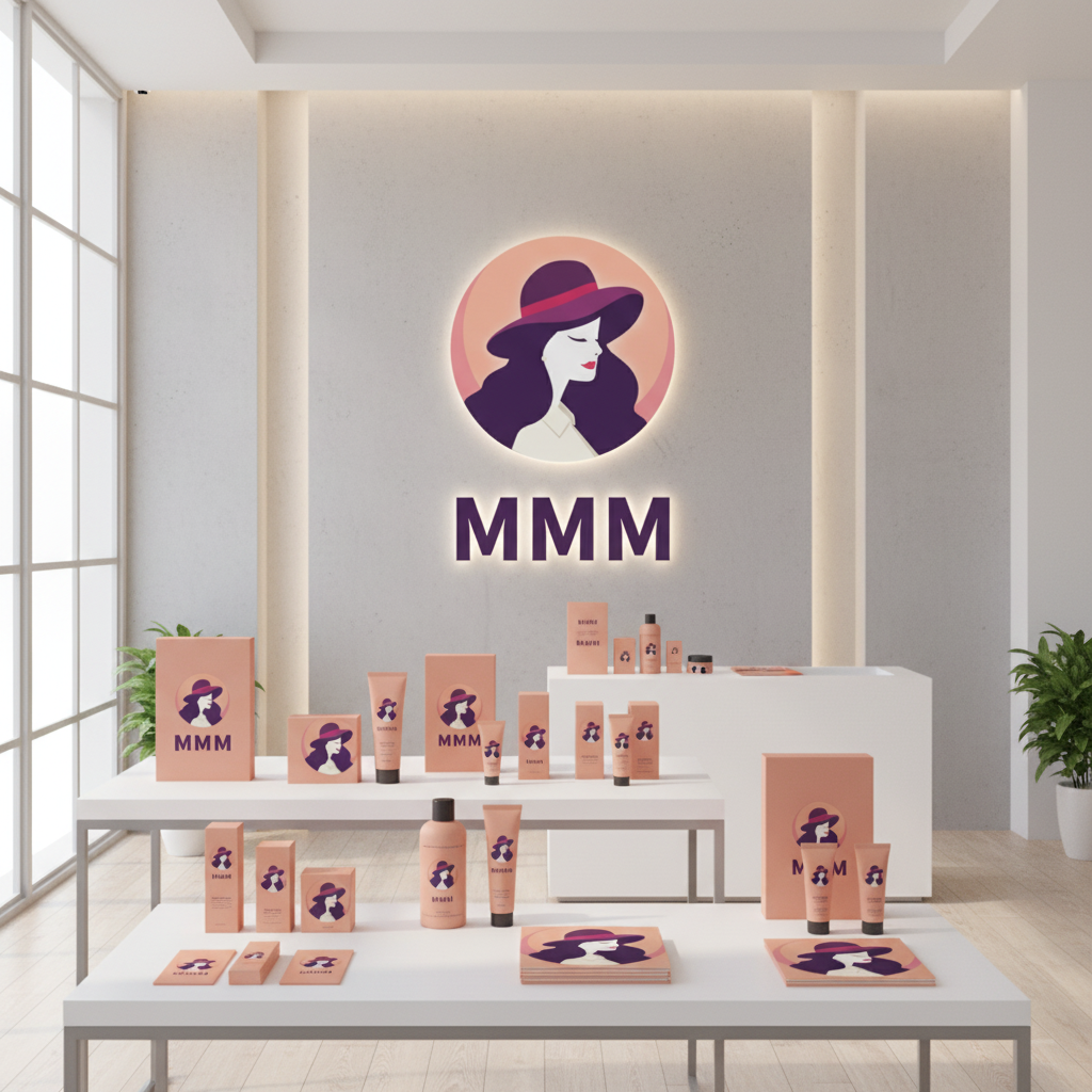 Unique Brand Kit(nano banana pro)-Elegant circular logo featuring a hat-wearing silhouette with bold MMM typography for a chic beauty brand.