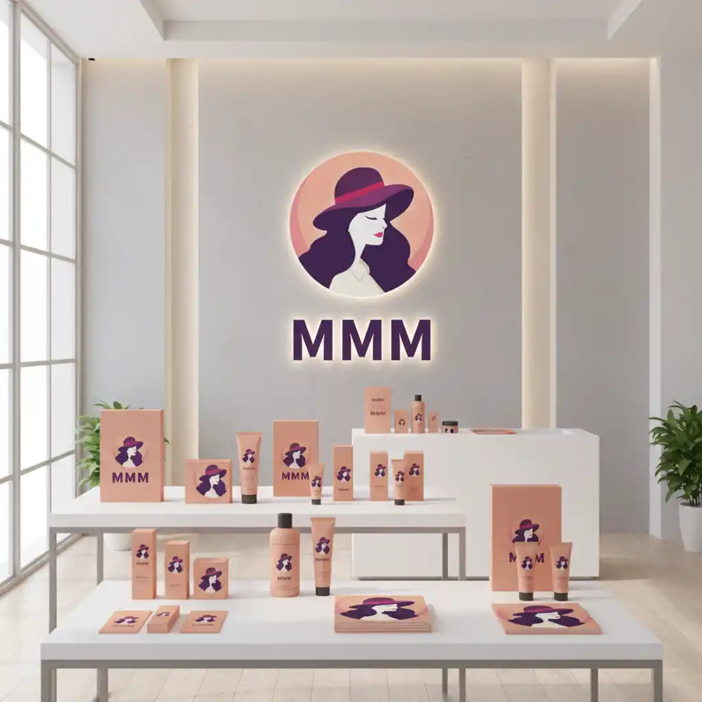 Unique Brand Kit(nano banana pro)-Elegant circular logo featuring a hat-wearing silhouette with bold MMM typography for a chic beauty brand.
