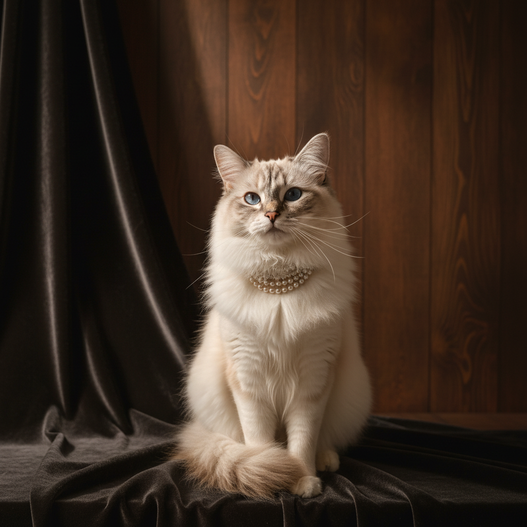 楽しいペットポートレートフォト-真珠のネックレスを身に着けた優雅な猫が、贅沢で洗練された魅力を放ち、プレミアムブランドのアイデンティティを構築しています。