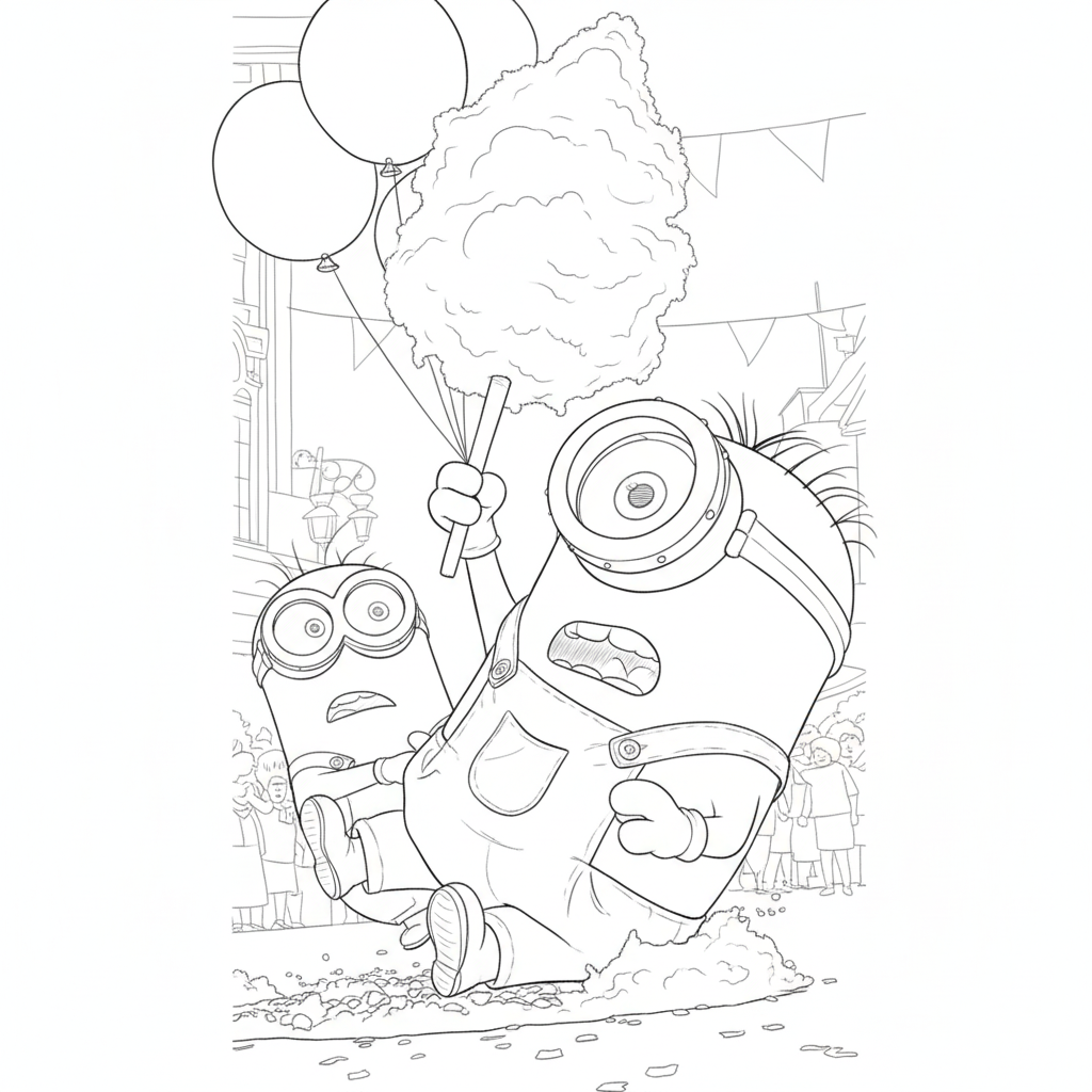 Line art-A playful duo of rounded yellow characters with oversized goggles in a festive street parade