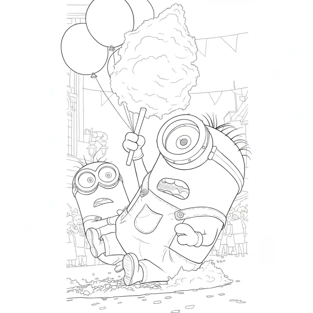 Line art-A playful duo of rounded yellow characters with oversized goggles in a festive street parade