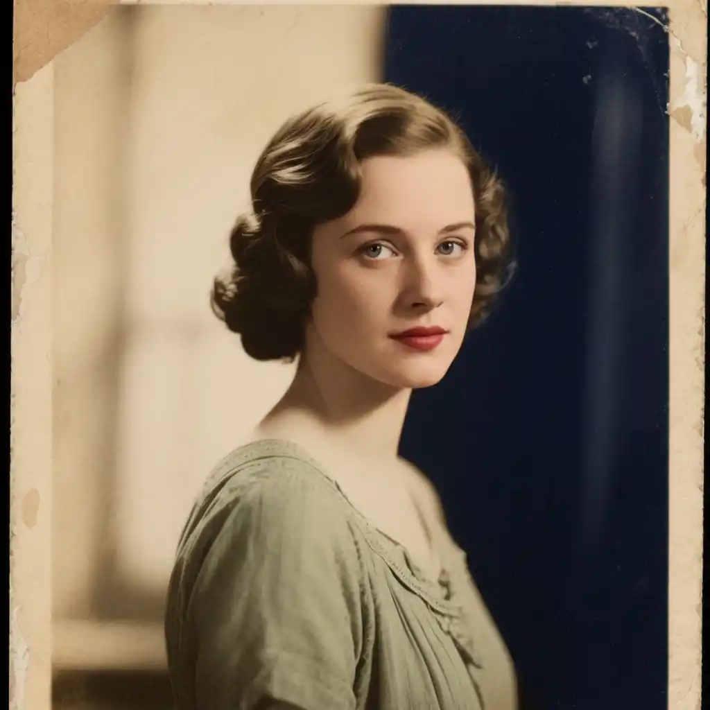 Photo Restoration-Timeless Vintage Portrait Logo that Evokes 1930s Hollywood Glamour with Soft Lighting, Sage Green Attire, and Beige-Navy Contrast