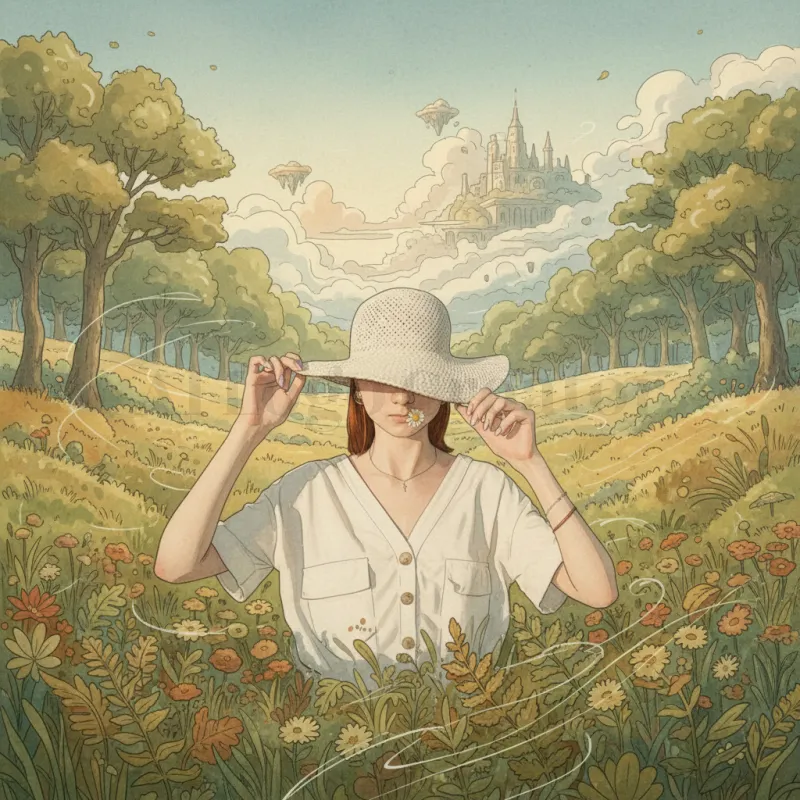 Generador Ghibli con IA-Un logotipo caprichoso que combina naturaleza, fantasía y un suave encanto vintage en un prado pastel con una heroína que lleva sombrero.