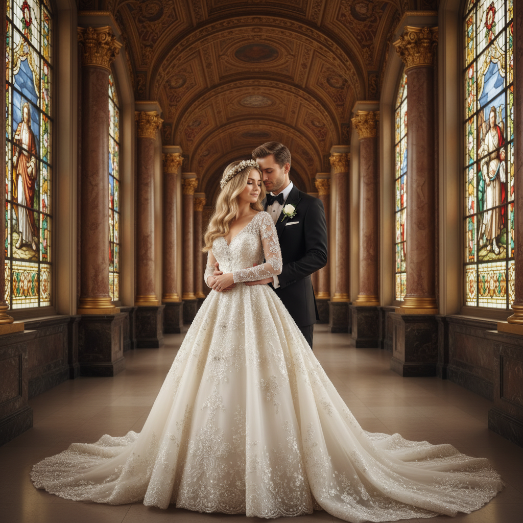 Wedding Photo Generator-A timeless wedding emblem uniting regal architecture and a graceful bridal silhouette in a grand, illuminated arcade.