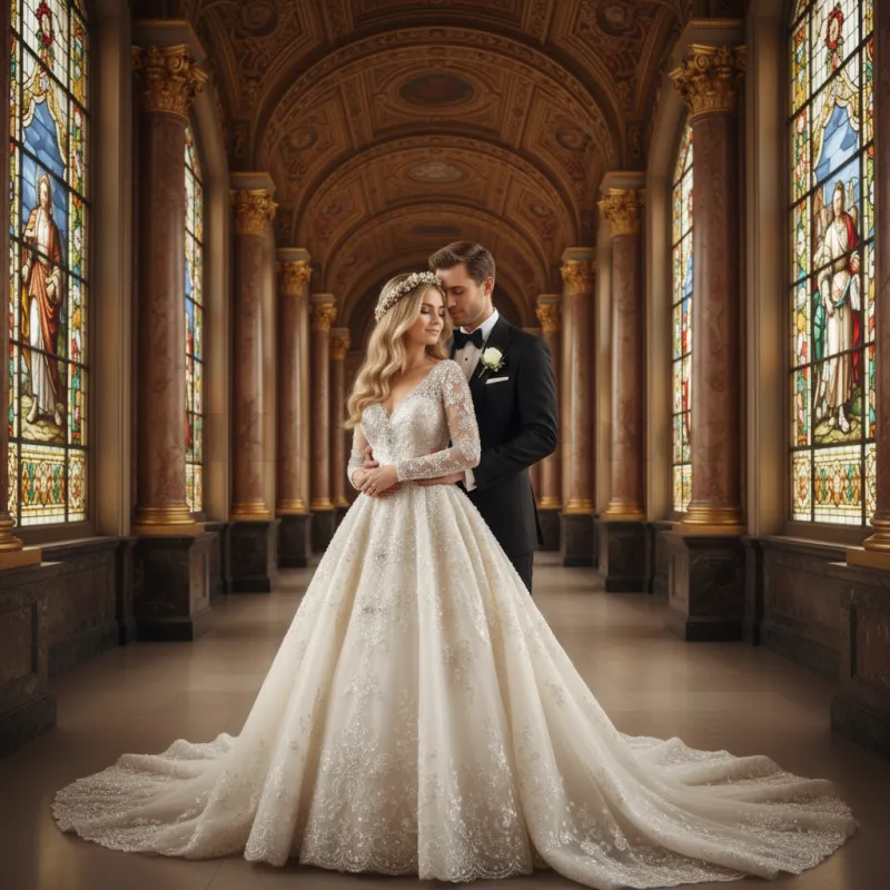 Wedding Photo Generator-A timeless wedding emblem uniting regal architecture and a graceful bridal silhouette in a grand, illuminated arcade.