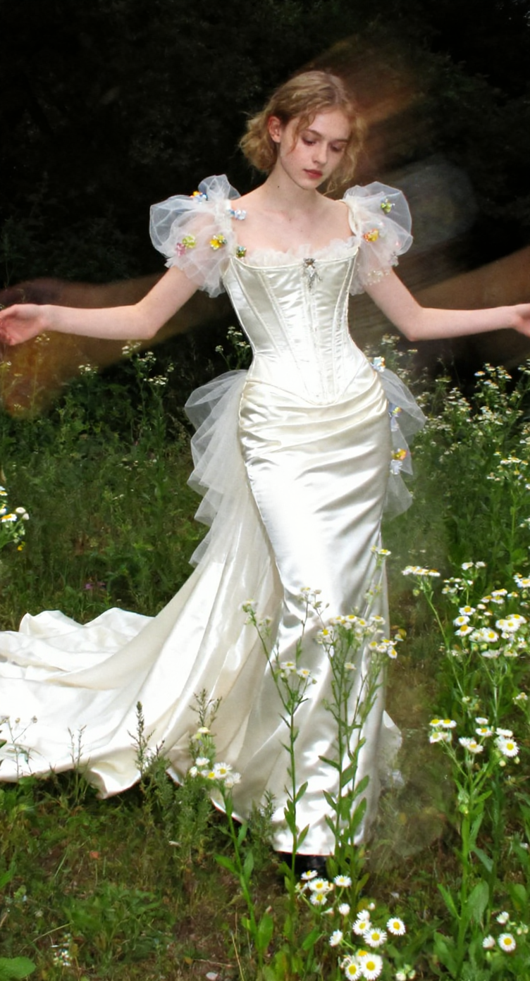 (Entferne das Gemini-Logo aus dem Bild) Wasserzeichen-Entfernungstool-Ein romantisches, brautinspiriertes Emblem, das Silbersatin, Tüll und Gänseblümchen zu einem zeitlosen Gartenmodemarkenzeichen vereint.