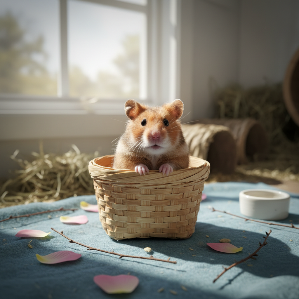 Bild-zu-Bild-Gemütlicher Hamster in einem geflochtenen Korb: Ein warmes, von der Natur inspiriertes Logo für Tierpflege- und Wohlfühlmarken für zu Hause.