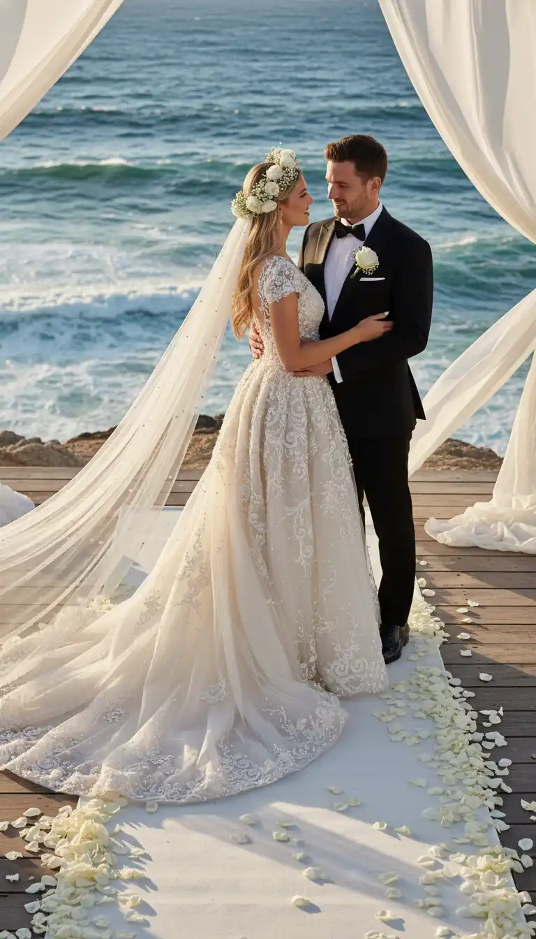 ロマンチックなオーシャンフロントのウェディングアーチ：アイボリーレースのドレス、流れるようなドレープ、ゴールデンアワーの輝きでエレガントなブランディングを実現