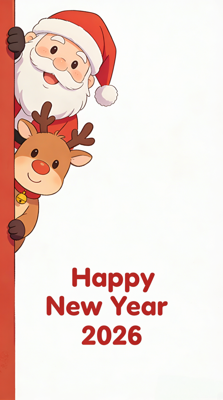 Replace text-Playful Santa and Rudolph greeting card logo with bold red typography for a festive New Year celebration