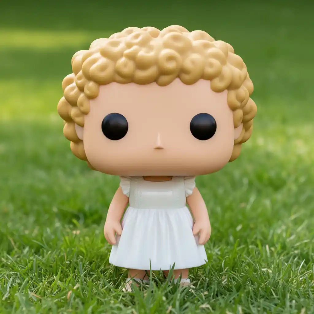 Funko Pop Generator -Kawaii vinyl figure in a white dress with curly blonde hair, standing on grass, friendly branding