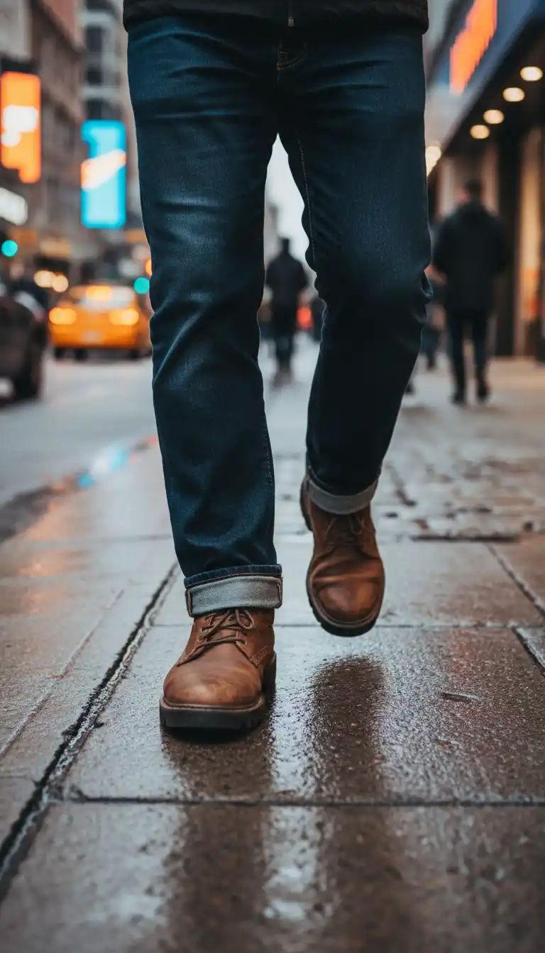 비에 젖은 거리 질감과 굵은 타이포그래피가 특징인 버건디 가죽 옥스포드 실루엣의 도시 패션 로고.