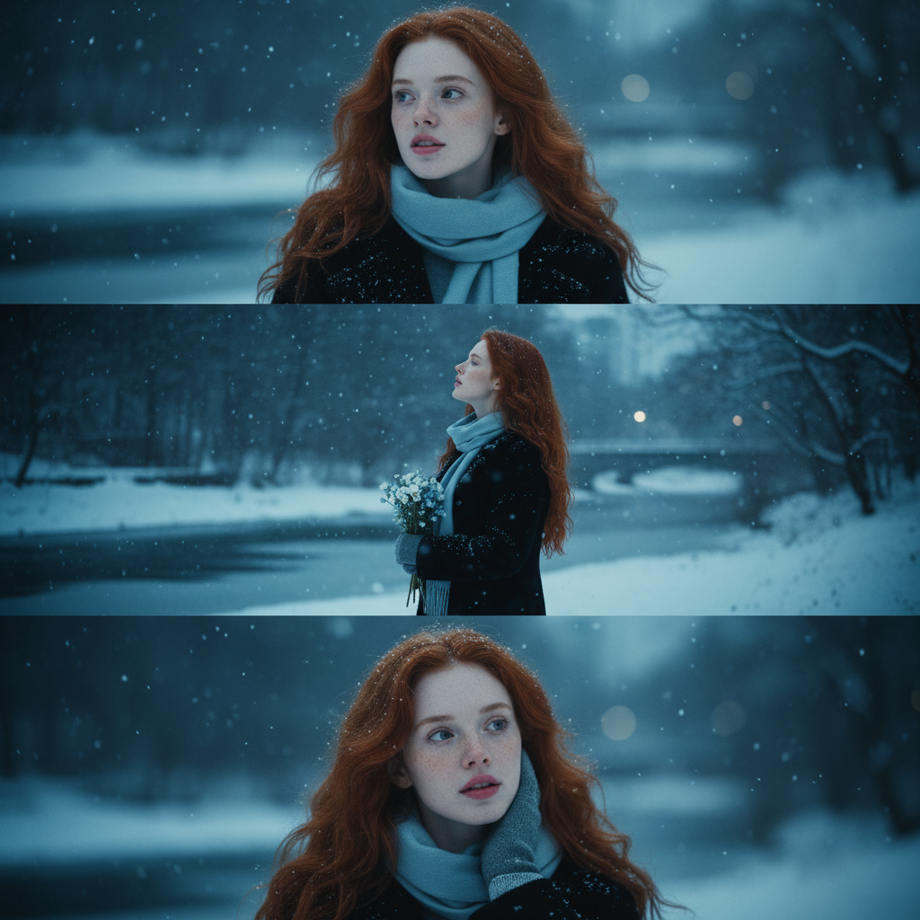 AI初雪照片生成器-A Serene Winter Portrait Logo: Crimson Hair, Blue Scarf, and Snowy Bokeh for Elegant Fashion Branding.