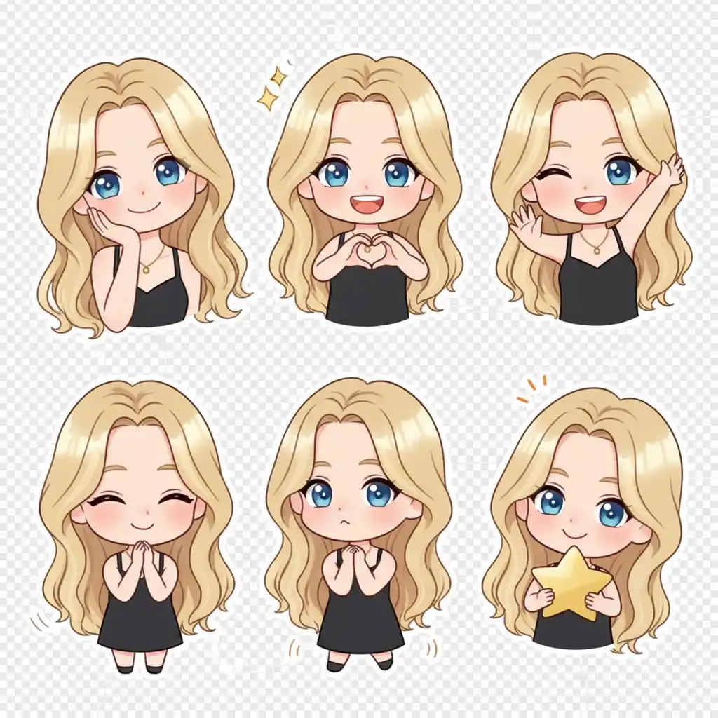 LINE-Style Sticker Generator-Six-Expression Blonde Chibi Mascot: A Bright, Playful Logo Set in Black Dress for Friendly Branding and Engagement