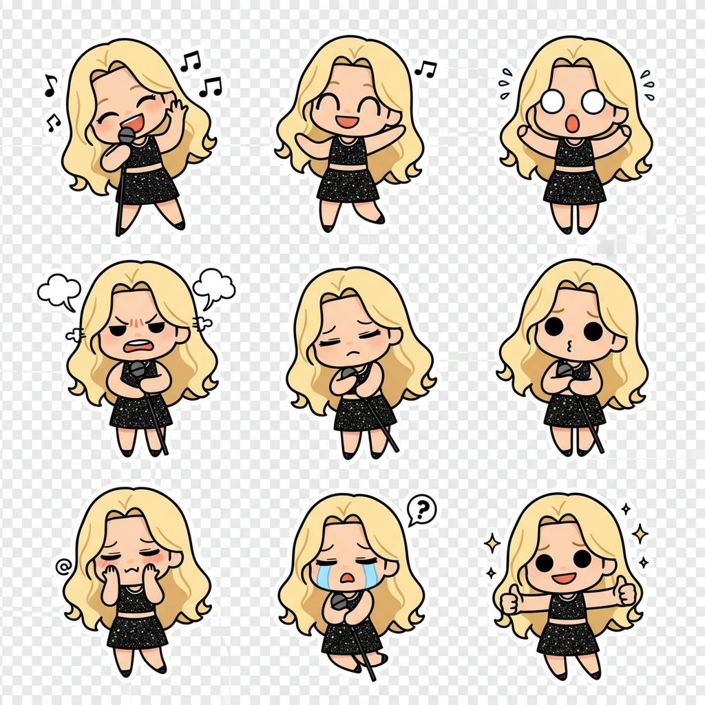 LINE-Style Sticker Generator-Nine expressive chibi singer stickers in a cohesive black-glitter dress theme for energetic, friendly branding or social media use