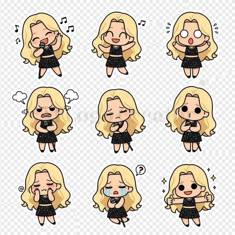 Generador de Pegatinas Estilo LINE-Nueve pegatinas chibi de cantante expresivas con un tema cohesivo de vestido negro con brillantina, ideales para branding enérgico y amigable o uso en redes sociales