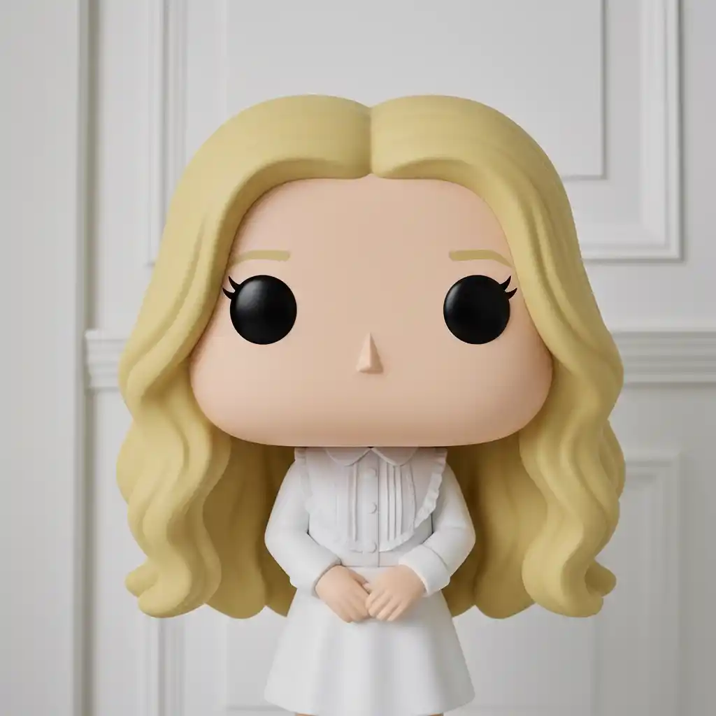 Funko Pop Generator -Kawaii blonde-haired avatar with oversized head, black eyes, and white dress for timeless, elegant branding.
