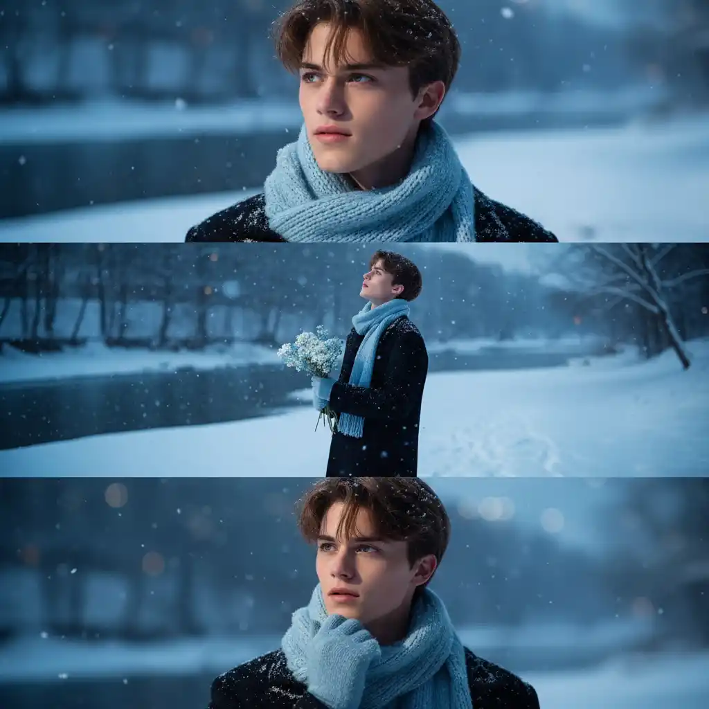 AI First Snow Photo Generator-A serene winter portrait concept in blue tones, with a contemplative figure and gentle snowfall for a modern logo.