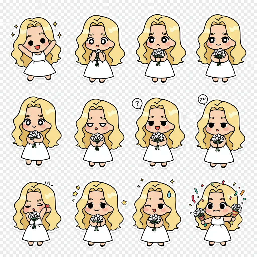 LINE-Style Sticker Generator-Playful blonde chibi in a white dress holding a bouquet; a cheerful 16-sticker logo set for branding and social media.
