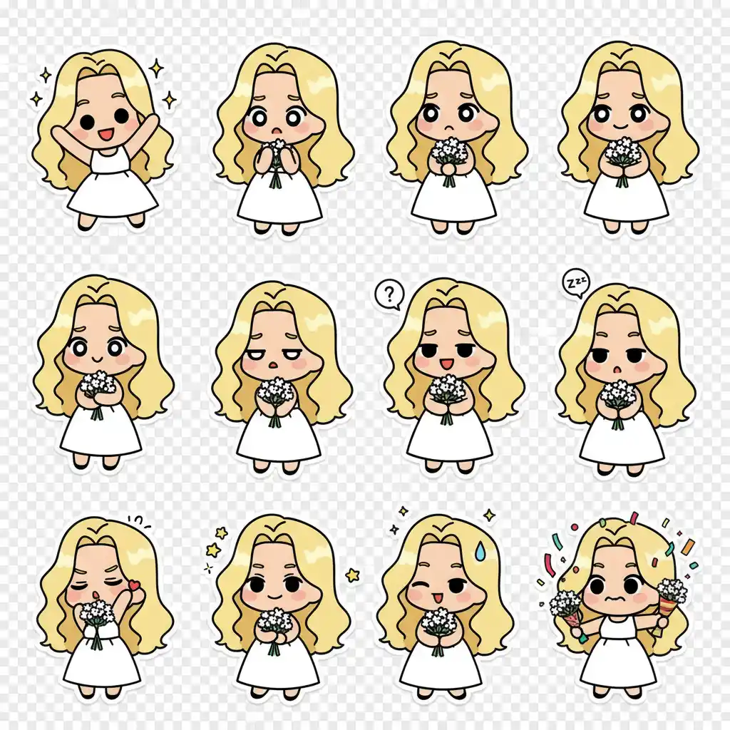 LINE-Style Sticker Generator-Playful blonde chibi in a white dress holding a bouquet; a cheerful 16-sticker logo set for branding and social media.