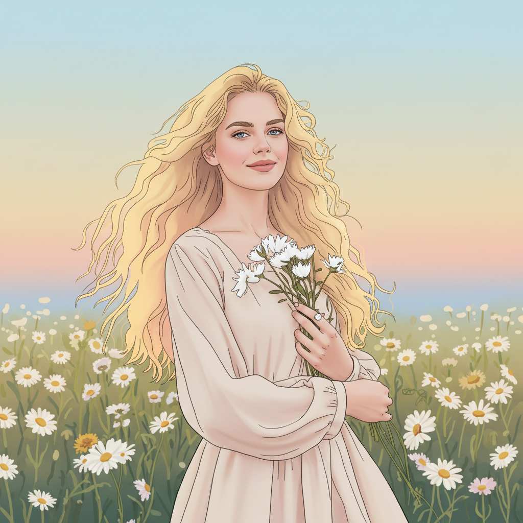 Bing AI Image Generator-A serene portrait of a blonde woman holding daisies, set against a pastel field and sunset sky.