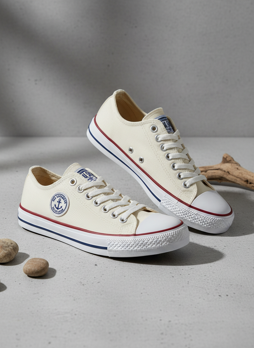 Circular Nautical Anchor Patch Emblem for Maritime-Inspired Streetwear Branding on Leather Sneakers, Embroidered Look and Timeless Marine Charm