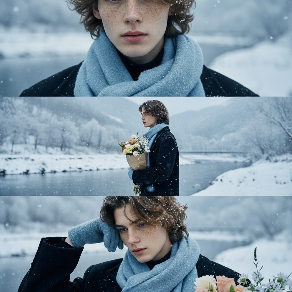 Generador de Fotos de Primera Nieve con IA-Un logotipo sereno de moda invernal con una modelo melancólica, una bufanda azul y un ramo en un valle cubierto de nieve.