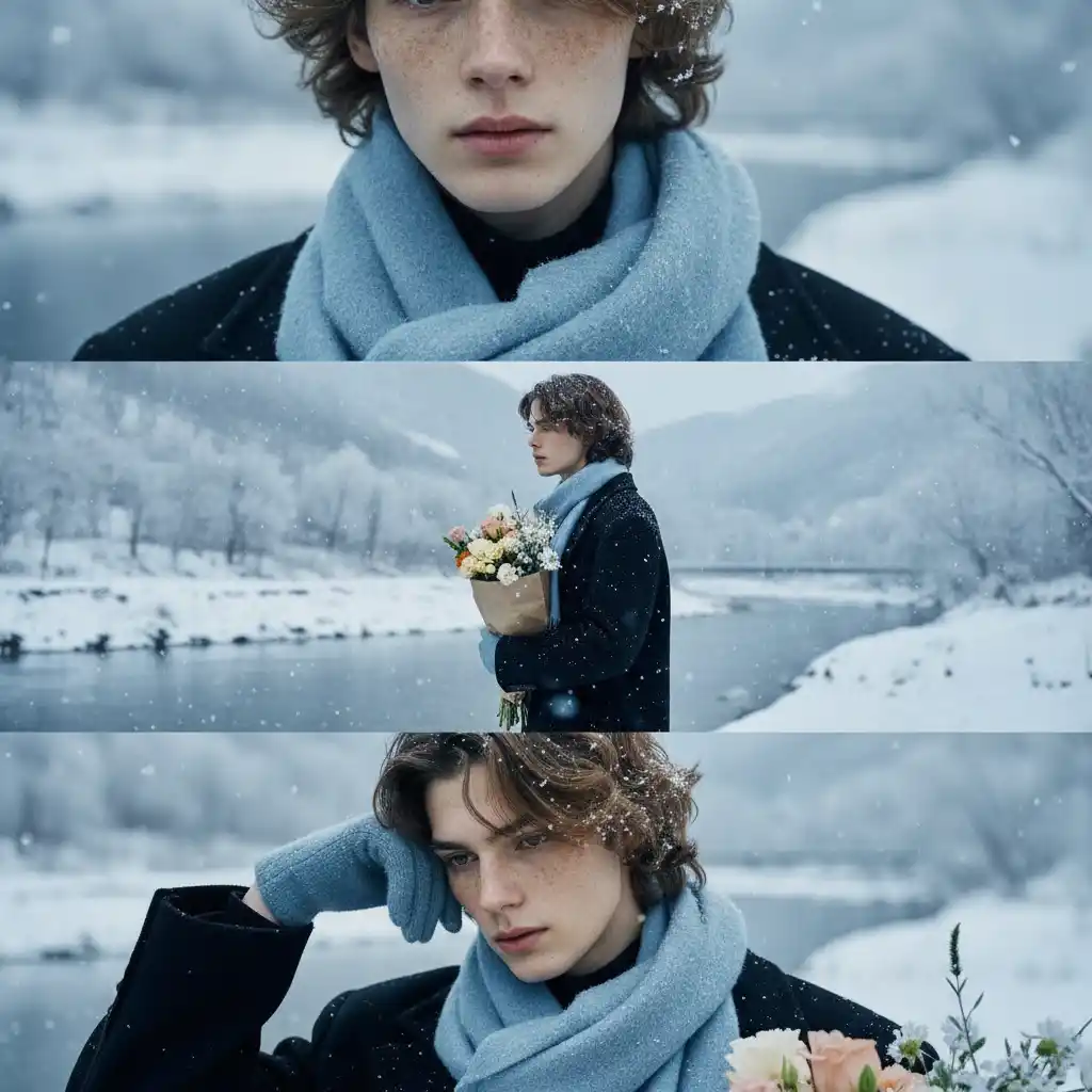 AI First Snow Photo Generator-A serene winter fashion logo featuring a melancholy model, a blue scarf, and a bouquet in a snow-dusted valley.