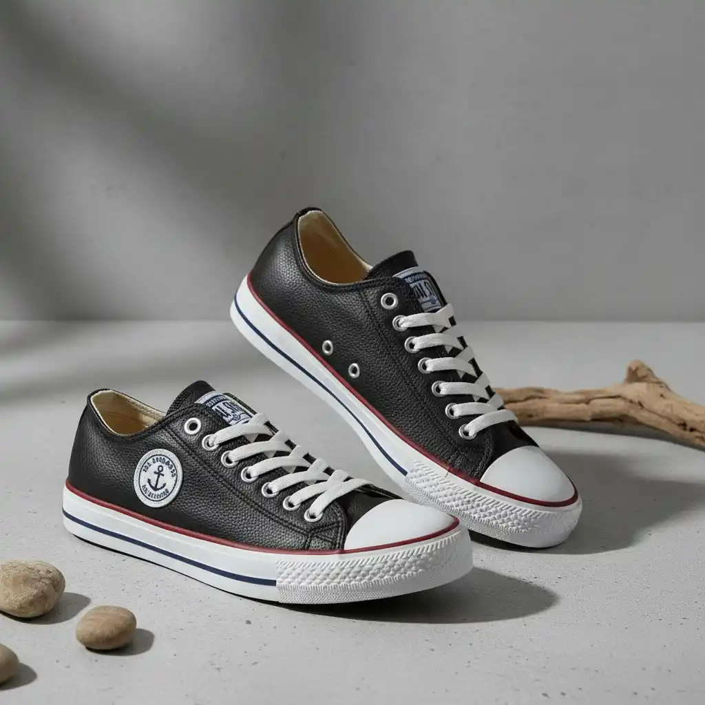 革製スニーカーに施された、海をテーマにしたストリートウェアブランディングのための円形の航海用アンカーパッチエンブレム、刺繍風の見た目と時代を超えた海洋の魅力