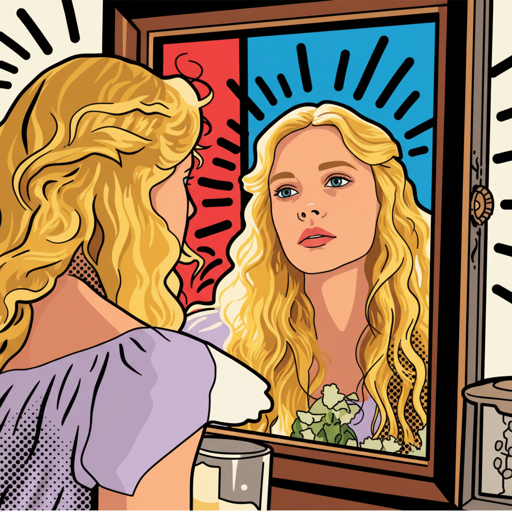 Keith-Haring-Pop-Art-A bold pop-art logo of a blonde woman gazing into a wooden-framed mirror, split red-blue backdrop and radiant lines.